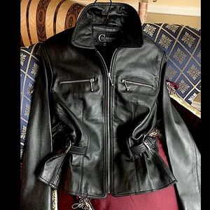Vintage 90’s Black Leather MOTO Biker Jacket Black, Silver ZIPPERS S